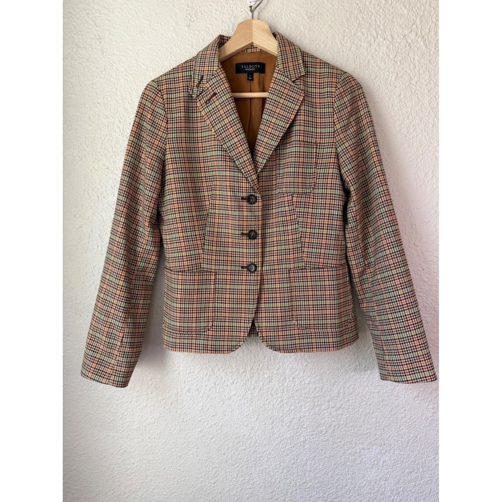 Talbots Plaid Wool Blend Riding Blazer Jacket Elbow Patches Multicolor Size 2